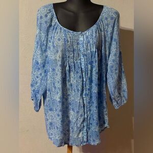 1X Sonoma blue cream floral 3/4 sleeve front button pleated blouse tunic top